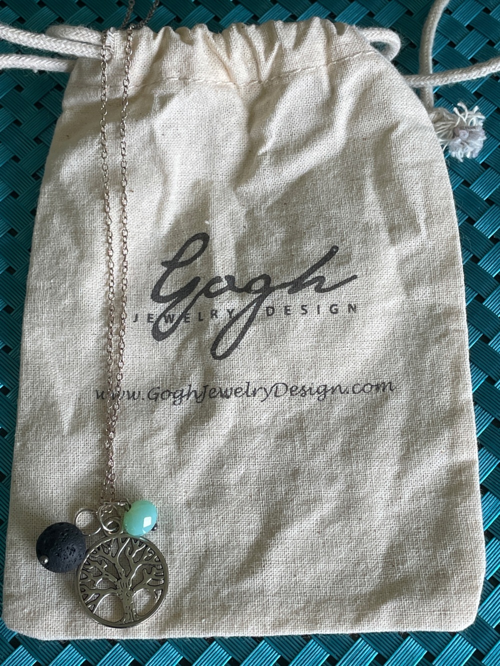 Gogh Jewelry Design - 925 Silver Tree of Life Necklace, Mint Bead & Lava Bead